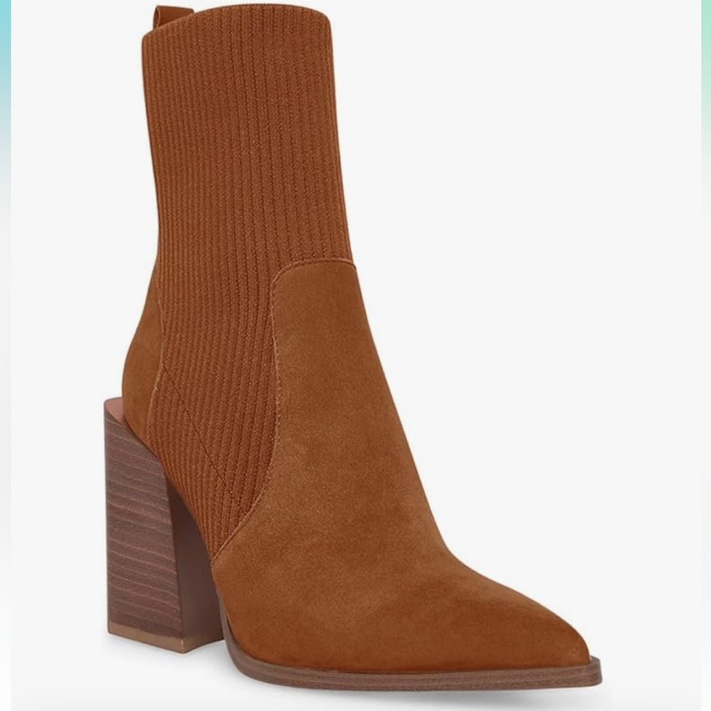 Womens Lvemas Size 7.5 Rust Brown Chunky Block Heel Ankle Sock Boot